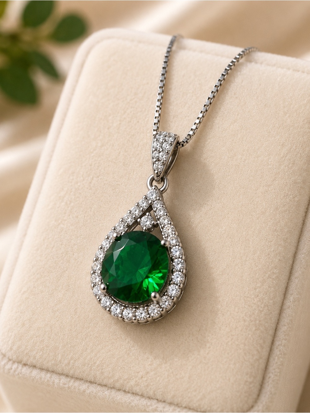 Emerald Teardrop Pendant Necklace with Halo Accent